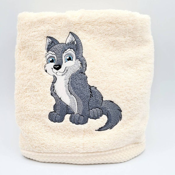 Loup cadeau personnalisable brodé sur serviette de toilette, drap de bain ou pack complet