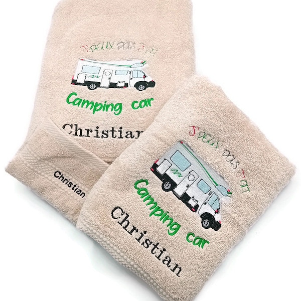 Camping car cadeau personnalisé brodé sur serviette de toilette, drap de bain ou pack complet