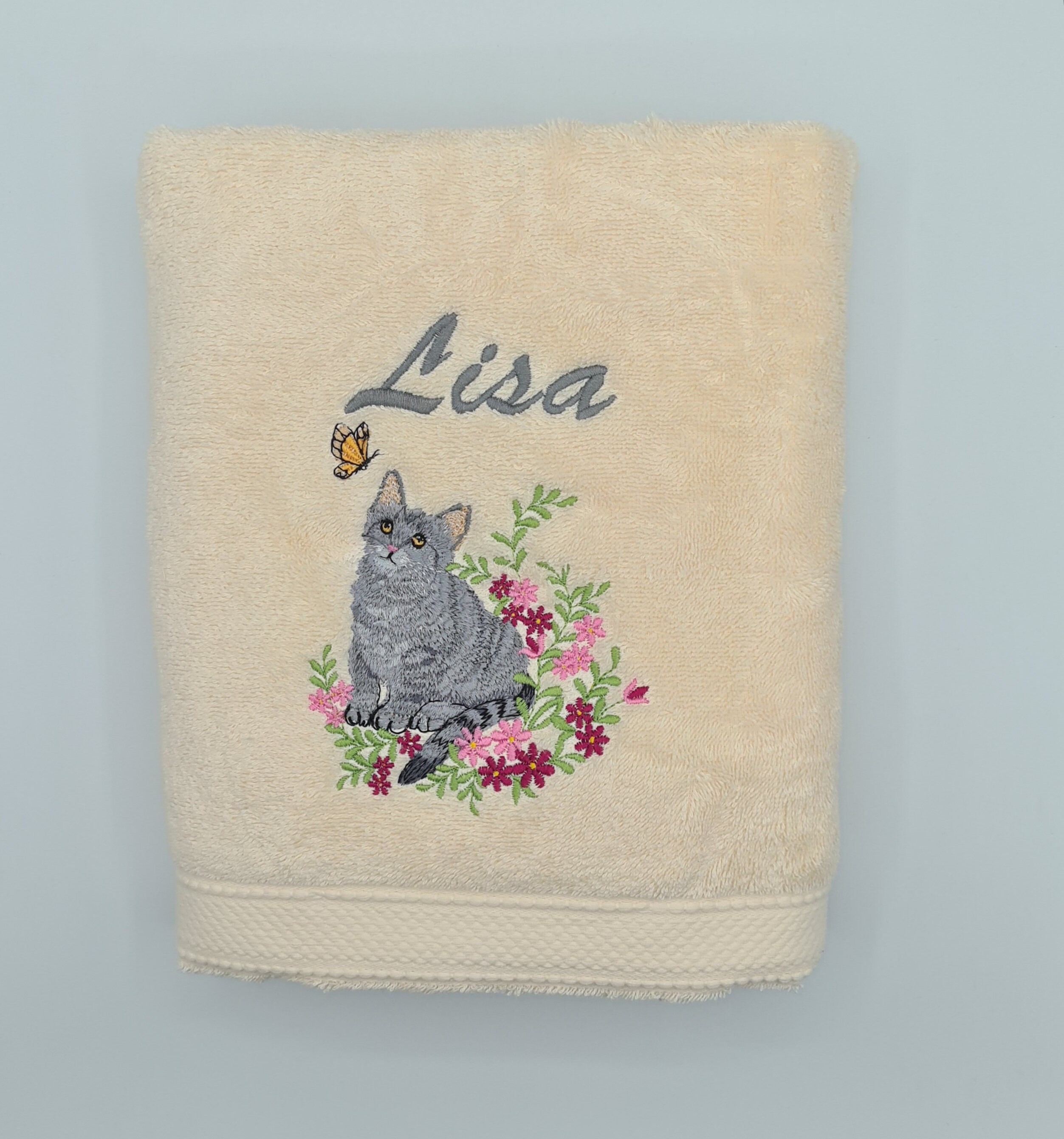 Linge de Bain Brodé sur Commande Chat et Fleurs, Serviette Toilette, Drap ou Pack Cadeau Complet.