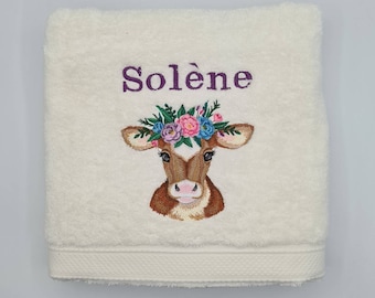 Vache cadeau personnalisé brodé sur serviette de toilette, drap de bain ou pack complet