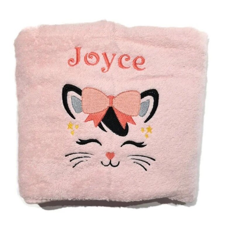 Cat face embroidered on towel, bath sheet, complete customizable pack image 1