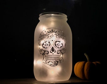 Hand Etched Sugar Skull Mason Jar Solar Lantern: Halloween Decor
