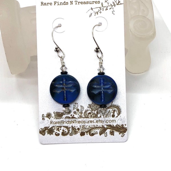 Handcrafted Dragonfly Czech Glass Coin Bead Earrings with Swarovski Crystal and Sterling Silver Ear Wires