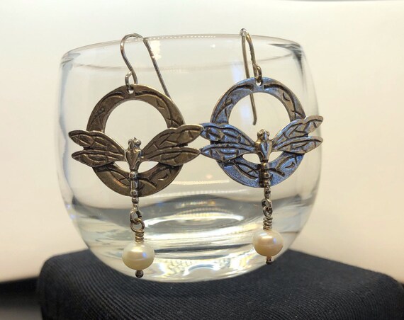 Vintage Sterling Silver Dragonfly Earrings With P… - image 3