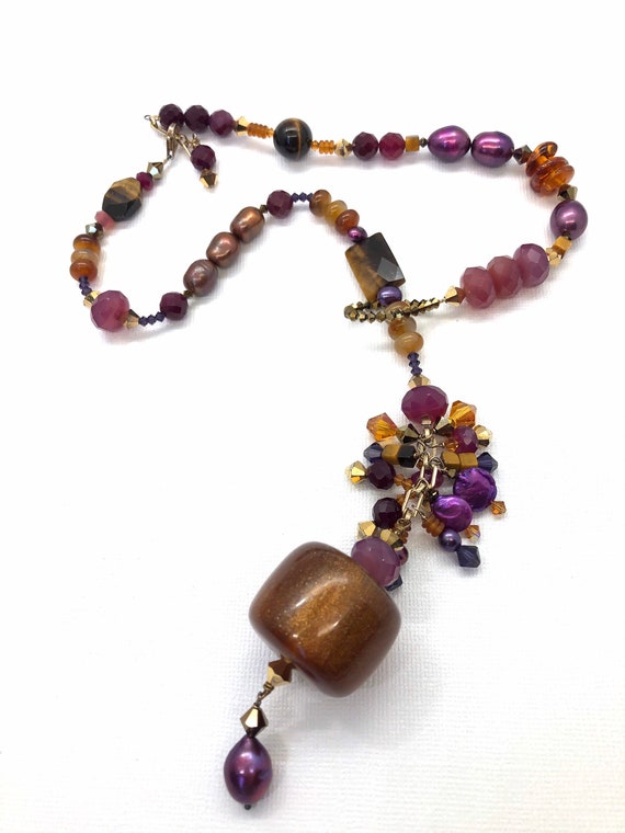 Handmade Purple Amber Beaded Statement Necklace - image 1