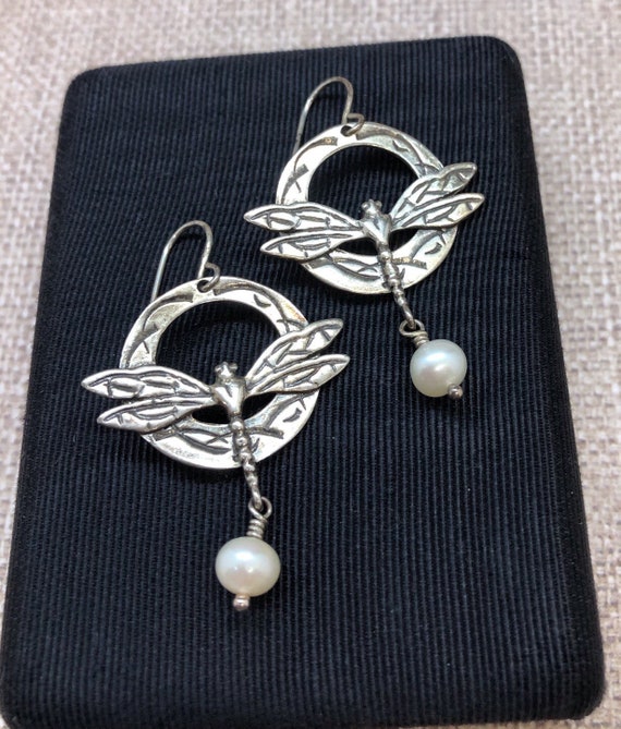 Vintage Sterling Silver Dragonfly Earrings With P… - image 1