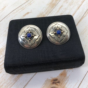 Vintage Sterling Silver Gold Earrings Artisan Signed Lapis Lotus Leaf Disc Post Earrings Handmade