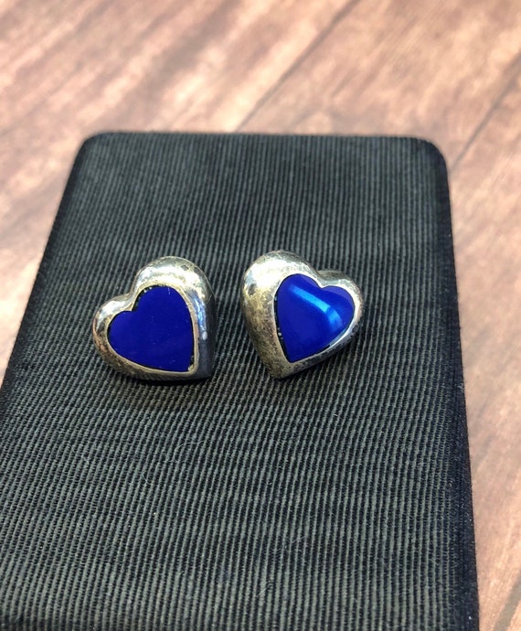 Vintage Sterling Silver Heart Earrings With Blue E