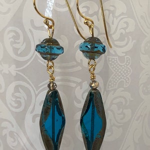 Unique Aqua Blue Picasso Saturn Czech Glass Earrings With Gold Vermeil Ear Wires