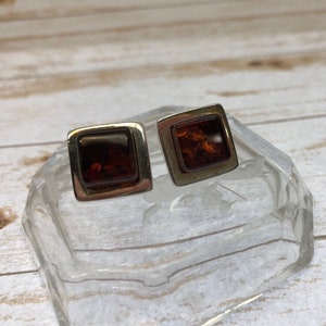Vintage Sterling Silver Amber Earrings Square Cube Heavy Modern Post Stud Artisan