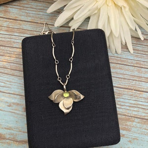 Vintage Delicate Sterling and Peridot Flower Necklace Made in USA 16 inch