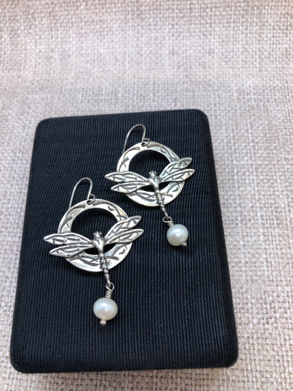 Vintage Sterling Silver Dragonfly Earrings With P… - image 5