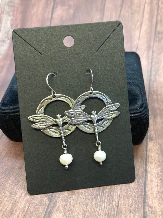 Vintage Sterling Silver Dragonfly Earrings With P… - image 2