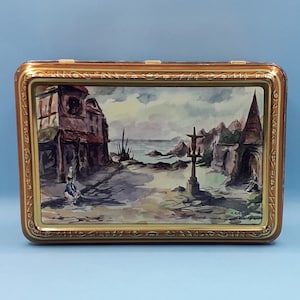 Old advertising box, lithographed sheet metal, Breton decoration on the lid, sugar box, biscuit box, collector&#39;s box, 1940/1960