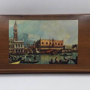 Boite en bois de noyer à cigares, décor chromo d'après Canaletto, "Venise vue du canal", boite cartes à jouer, boite à bijoux, Vintage