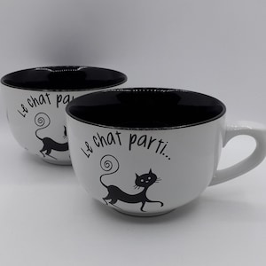 Two large chocolate bowls, ceramic, cat decoration &quot;the cat gone...&quot;, breakfast bowl, large mug, soup bowl, Vintage