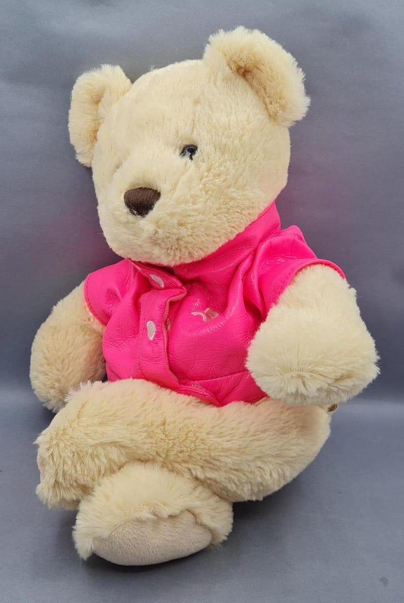 May include: A plush teddy bear with cream-colored fur and a brown nose. The bear is wearing a bright pink jacket with white buttons. The toy is sitting against a gray background.