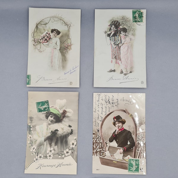 4 anciennes cartes postales fantaisie, "Bonne Année", carte de voeux, carte de collection, fête de fin d'année, scrapbooking, vers 1910