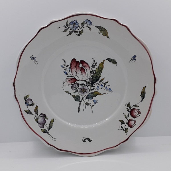 Ancienne assiette bord chantourné, faïence de Malicorne, décor peint à la main, marque au dessous TE pour Émile Tessier, début XXème (2)
