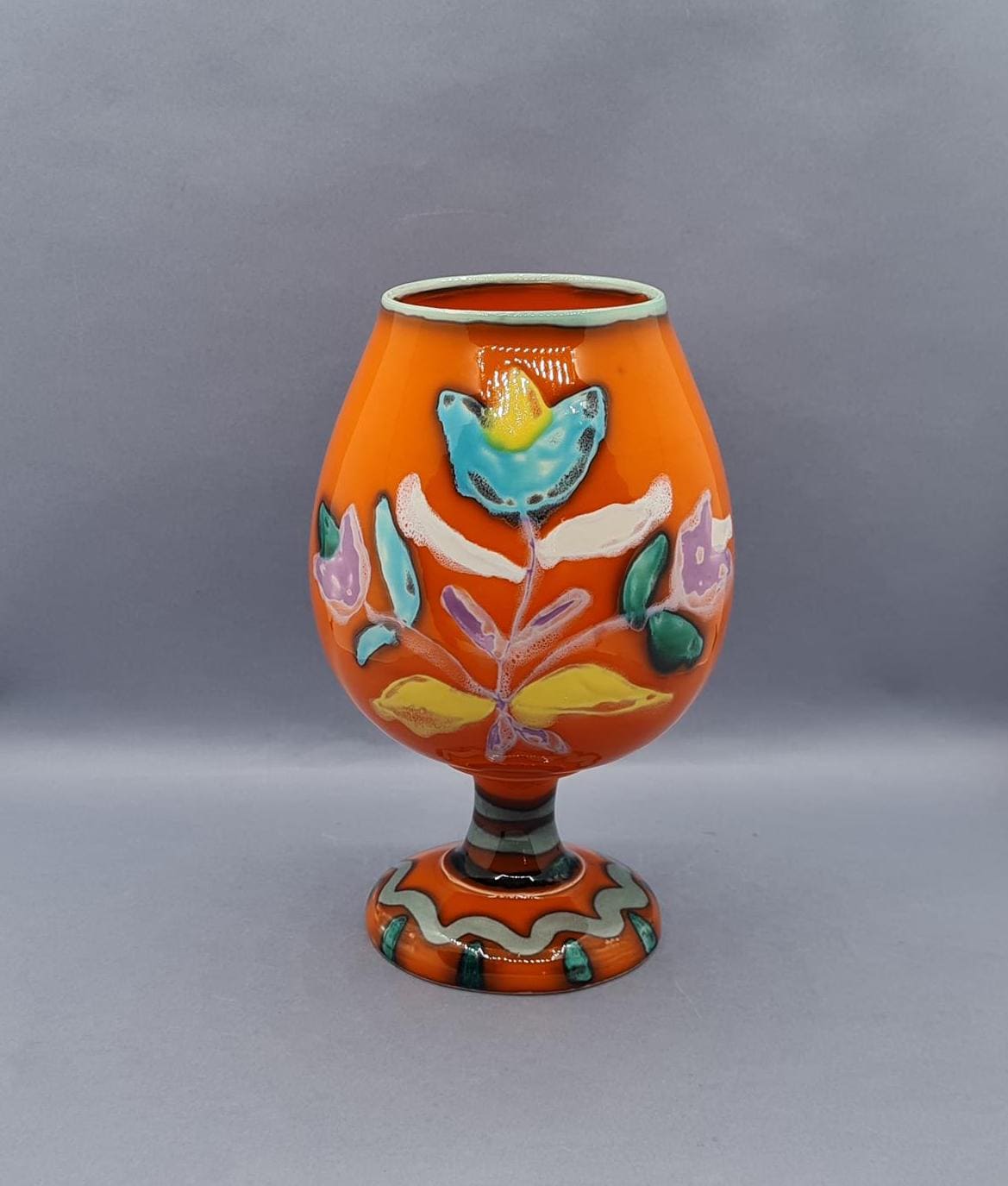 Vase Céramique Vallauris Vintage – Décor Feuillages Bleu, Marron, Blanc – 25 Cm