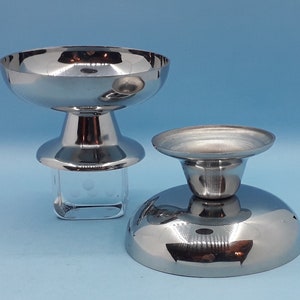 2 round bowls on foot, stainless steel, dessert bowl, sorbet, ice cream, chocolate mousse, cream, fruit salad, table d&#39;hôtes, Vintage