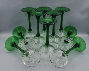 10 small Alsatian wine glasses, on long green stems, late harvest, liqueur glass, small fruit bowl with alcohol, tableware, 1960