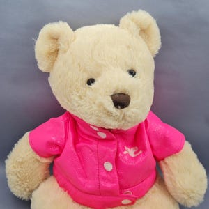 May include: A plush teddy bear with cream-colored fur and a brown nose. The bear wears a bright pink jacket with white buttons and a small white emblem. The stuffed animal is a classic toy.