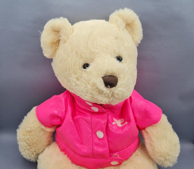 May include: A plush teddy bear with cream-colored fur and a brown nose. The bear wears a bright pink jacket with white buttons and a small white emblem. The stuffed animal is a classic toy.