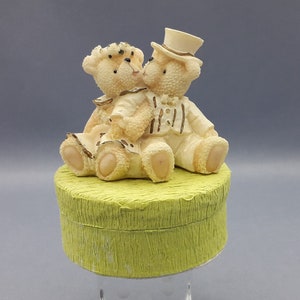 Pequeña caja de cartón de papel crepé, pareja de ositos de resina, caja de dientes, caja secreta, joyero, objeto de exposición, Vintage