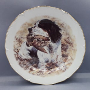 Collectible plate, Limoges porcelain, hunting decor, Spaniel dog and Partridge, gold thread around the edge, wall decoration, 1960