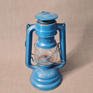 Antique blue storm lamp, complete, Metaloglobus 104E brand, curiosity item, loft decor, oil lamp, 1880-1920
