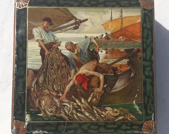 Ancienne boite polychrome, en tôle lithographiée, décor scène de pêche, "L'Americana Sampierdarena", boite publicitaire Italienne, 1900/1930