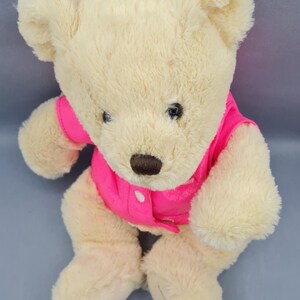 May include: A plush teddy bear with cream-colored fur and a bright pink jacket. The bear has a brown nose and black eyes. The jacket has a single white button. A classic children's toy.