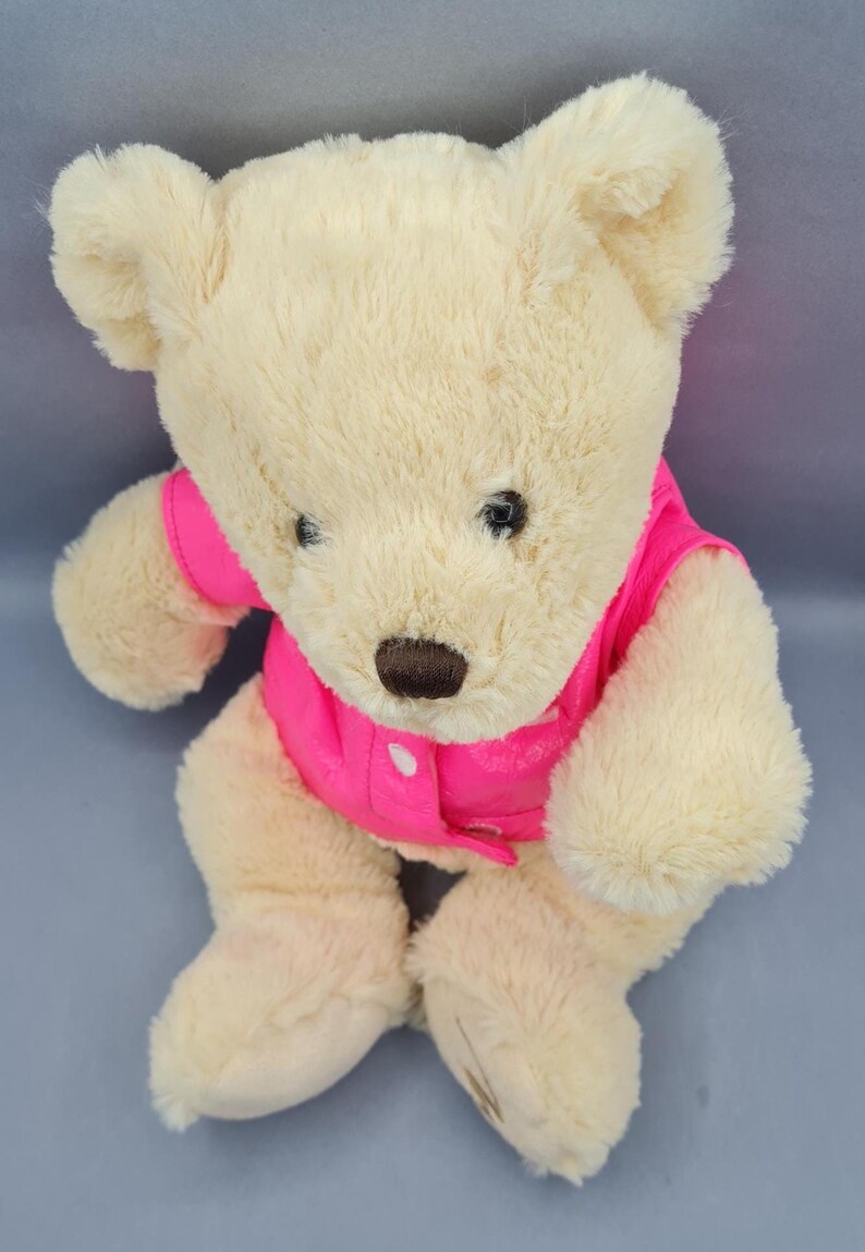 May include: A plush teddy bear with cream-colored fur and a bright pink jacket. The bear has a brown nose and black eyes. The jacket has a single white button. A classic children's toy.