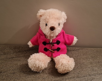 Old teddy bear, dressed in a pink parka, "Friends&More" brand, collectible bear, stuffed toy, teddy bear, cuddly toy, Teddy Bear style