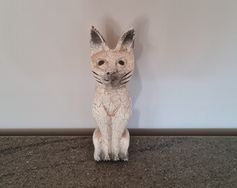 Statue de chat, en bois sculpté peint effet craquelé, Art Animalier, figurine félin, décor de boudoir, collection chat, Vintage