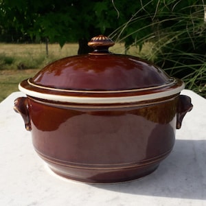 Puede incluir: Un plato de servir de cerámica marrón con un borde blanco y dos asas. La tapa tiene un pequeño pomo en la parte superior.