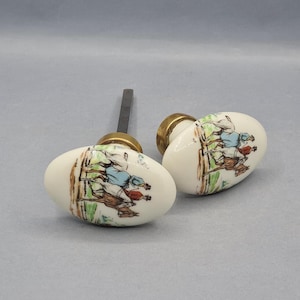 Pair of antique oval door handles, in white porcelain, decorated with a couple of riders, Loft, Industrial, Country style, circa 1900