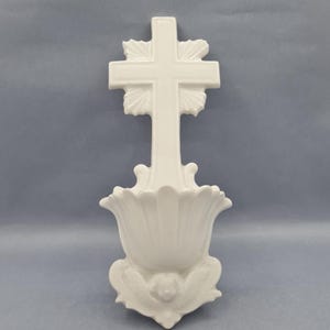 Old large holy water font, white porcelain from Paris, decorated with a Cross and an Angel, Devotion, Religion, Christianity, Catholicism, 19th century