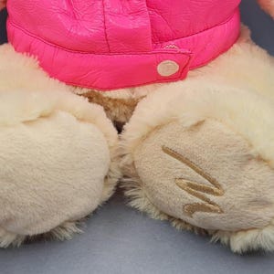 May include: A plush teddy bear with cream-colored fur and a bright pink jacket. The bear's paws have embroidered details. The toy is soft and fluffy, with a button closure on the jacket.