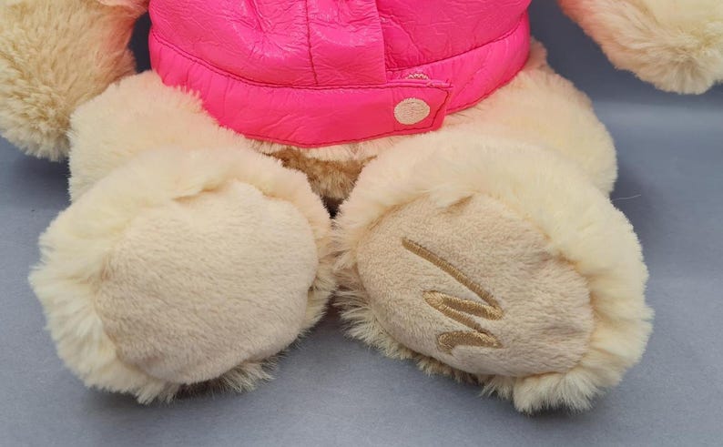 May include: A plush teddy bear with cream-colored fur and a bright pink jacket. The bear's paws have embroidered details. The toy is soft and fluffy, with a button closure on the jacket.