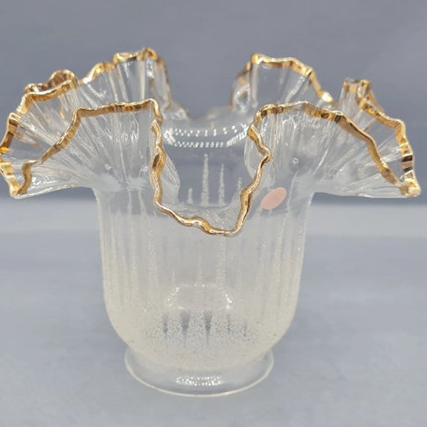 Ancienne tulipe abat-jour, verre granité et doré, Art Nouveau, en forme de corolle de fleur, pour applique, lampe de bureau, vers 1900