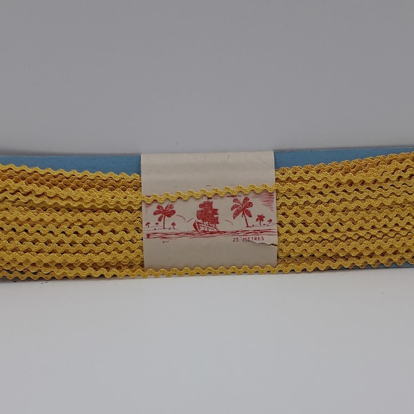 Ancien galon dentelle, ruban croquet zig-zag serpentine, Made in France, couleur jaune citron, longueur 25m,largeur 4mm,loisir créatif, 1900