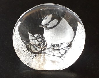 Peso de papel de cristal número 9204, Mats Jonasson, Suécia, "pássaro em um galho", objeto de vitrine, decoração boudoir, Vintage
