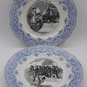Paire d'assiettes parlantes, faïence Creil et Montereau, "la chanson à tous les âges" : "à 6 ans" et "à 21 ans", décor mural, 1884-1920