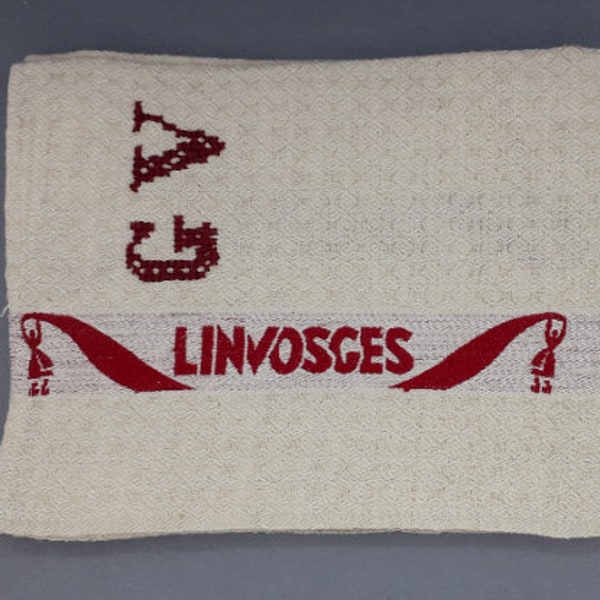 1 ancien torchon de cuisine en Lin, motif Linvosges & personnages en rouge, monogrammes "G V", cuisine rustique, linge de maison, 1880/1920