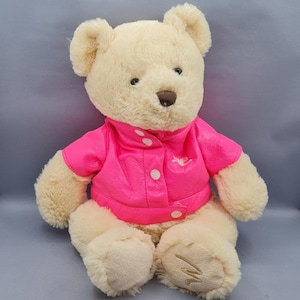 May include: A plush teddy bear with cream-colored fur, wearing a bright pink jacket with white buttons. The bear has a brown nose and embroidered details on its paws. A cute and cuddly stuffed animal.