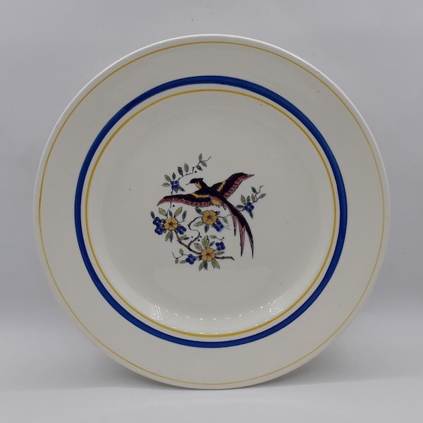 Plat rond sur pied (2), céramique belge Boch Frs La Louvière, décor oiseau de paradis, porcelaine, faïence, art de la table, Art Déco, 1930