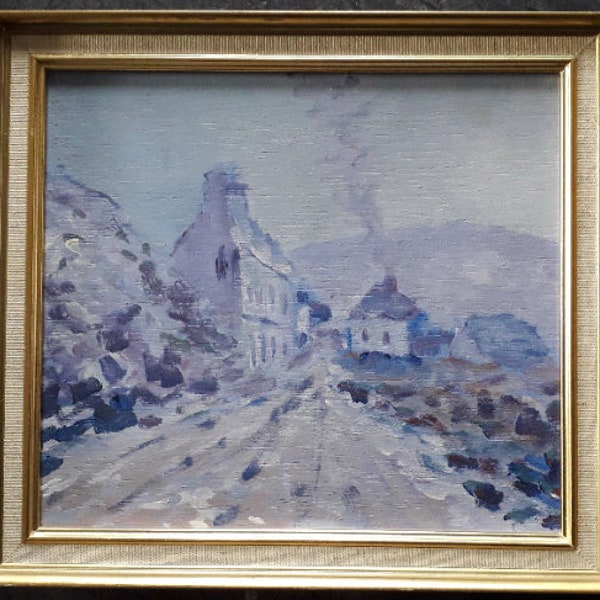 Peinture à l'huile sur panneau, "l'arrivée au village", belle palette de couleurs dans les tons violet, dans le goût du Fauvisme, vers 1900