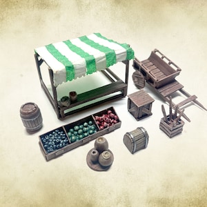 Merchant Stall 8 PIECE SET - Fruit - Handmade Miniature Scatter Terrain Marketplace, Dungeons 28mm Painted, TTRPG, Role Playing Game, Dragon